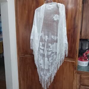 California Things Floral Crochet Fringe Triangle Shawl Boho Cottagecore Coastal